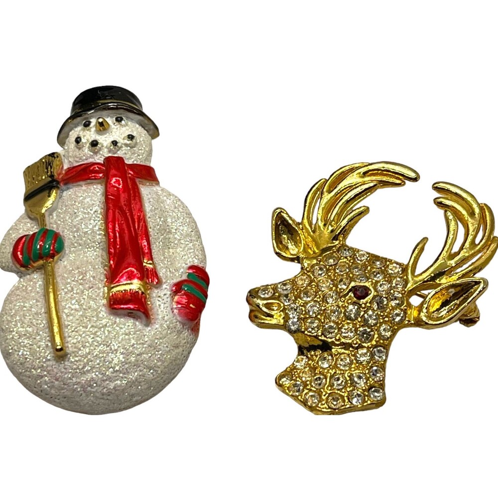 Vtg Holiday Enamel Brooch Set GoldTone Reindeer Snowman Frosty Rudolph Christmas